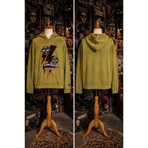 Offbeat Lower Lightning Jester Hoodie Olive Green Orange Black Y2K Streetwear L